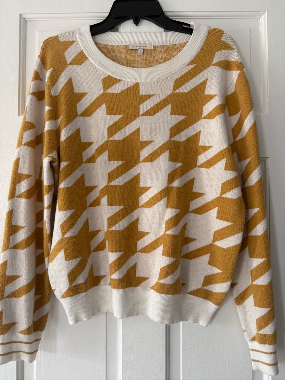 Skies Are Blue Mustard and White Houndstooth Crewneck Sweater, Sz M, Like New
